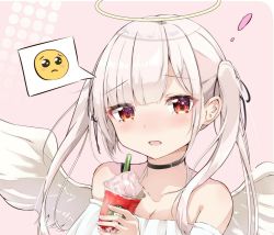 Rule 34 | !, 1girl, angel, angel wings, bare shoulders, black choker, blunt bangs, choker, collarbone, cup, detached sleeves, disposable cup, drinking straw, emoji, halo, highres, holding, holding cup, iyo (ya na kanji), off-shoulder shirt, off shoulder, open mouth, original, pink background, pink hair, pleading face emoji, shirt, short hair with long locks, simple background, solo, speech bubble, tearing up, upper body, whipped cream, white shirt, wings