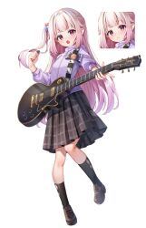 Rule 34 | 1girl, :o, black skirt, black socks, brown footwear, chucolala, chyoling, closed mouth, commentary request, cube hair ornament, electric guitar, full body, grey hair, guitar, hair ornament, holding, holding instrument, instrument, jacket, loafers, long hair, long sleeves, mashiro kanon, multiple views, official art, one side up, open mouth, pleated skirt, plectrum, pointy ears, puffy long sleeves, puffy sleeves, purple jacket, red eyes, school uniform, shoes, skirt, socks, standing, standing on one leg, track jacket, v-shaped eyebrows, very long hair, virtual youtuber