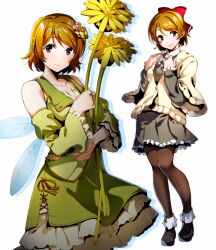 Rule 34 | 1girl, arm under breasts, bell sleeves, black pantyhose, bow, brown hair, collarbone, dandelion, detached sleeves, dress, expressions, fairy wings, flower, full body, green dress, grey skirt, hair bow, hair flower, hair ornament, hand on own chest, highres, holding, holding flower, koizumi hanayo, lace-up, layered skirt, long sleeves, love live!, nakano maru, oversized flower, pantyhose, purple eyes, skirt, smile, sweater, wings