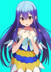 Rule 34 | 07nono06, 1girl, :o, absurdres, alternate costume, bare shoulders, blue dress, blue hair, blush, bow, brown eyes, collarbone, cowboy shot, dress, fairy tail, green background, hair between eyes, hands up, highres, long hair, looking at viewer, lower teeth only, open mouth, own hands together, simple background, solo, teeth, twintails, wendy marvell, white bow, white dress, yellow dress
