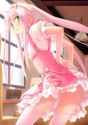 Rule 34 | 1girl, absurdres, arms behind back, blush, cafe sourire, cameltoe, eretto, from behind, green eyes, highres, indoors, leaning forward, lens flare, looking at viewer, looking back, mizushima serika, open mouth, panties, pantyshot, pink hair, pink panties, pink theme, pink thighhighs, sidelocks, skirt, solo, thighhighs, twintails, tying, underwear, upskirt, waitress, waitress uniform