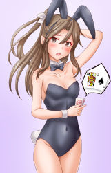 Rule 34 | 1girl, ace (playing card), ace of spades, alternate costume, animal ears, anti (untea9), bare legs, bell, black bow, black bowtie, black leotard, blush, bow, bowtie, breasts, card, card game, collarbone, covered navel, cowbell, cowboy shot, detached collar, fake animal ears, gradient background, hair between eyes, hair ribbon, highres, jack (playing card), jack of spades, kantai collection, leotard, looking at viewer, playboy bunny, playing card, poker, purple skirt, rabbit ears, rabbit tail, ribbon, skirt, small breasts, solo, spade (shape), strapless, strapless leotard, tail, white ribbon, wrist cuffs, zuihou (kancolle)