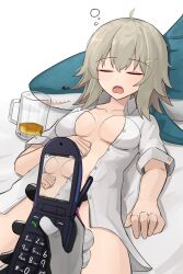 Rule 34 | 2girls, absurdres, ahoge, alcohol, beer, beer mug, black gloves, black panties, blonde hair, blush, breasts, breasts apart, cellphone, closed eyes, collarbone, commentary, commission, cup, drunk, english commentary, flip phone, gamryous, girls&#039; frontline, gloves, hair between eyes, hair ornament, hairclip, hand on own stomach, highres, holding, holding phone, ikea shark, lying, mdr (girls&#039; frontline), medium breasts, medium hair, mp41 (girls&#039; frontline), mug, multiple girls, no bra, no pants, on back, open clothes, open mouth, open shirt, panties, phone, shirt, short sleeves, simple background, squeans, solo focus, stuffed animal, stuffed shark, stuffed toy, taking picture, two-tone gloves, underwear, white gloves, white shirt
