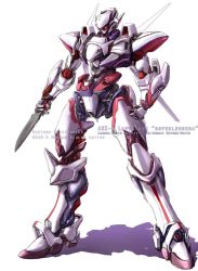 Rule 34 | arx-8 laevatein, character name, clenched hand, full metal panic!, holding, holding knife, knife, lin+, looking down, mecha, mecha focus, no humans, redesign, robot, solo, white background, yellow eyes