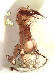 Rule 34 | 1girl, androgynous, ass, back, bad id, bad pixiv id, barefoot, beamed quavers, blonde hair, dark skin, dark-skinned female, demon tail, horns, mizuki kotora, musical note, nude, original, pointy ears, quaver, red eyes, sitting, sketch, solo, speech bubble, spoken musical note, tail, tattoo