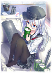 Rule 34 | 10s, 1girl, aldehyde, barrel, black pantyhose, blue eyes, drum (container), feet, flat cap, hat, hibiki (kancolle), kantai collection, musical note, no shoes, panties, panties under pantyhose, pantyhose, pantyshot, personification, plant, potted plant, quaver, sailor hat, school uniform, serafuku, shirt, silver hair, sitting, skirt, solo, spoken musical note, thighhighs, underwear, upskirt