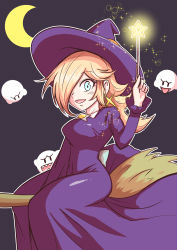Rule 34 | 1girl, :d, alternate costume, black background, black eyes, blonde hair, blue eyes, boo (mario), breasts, broom, broom riding, clenched hand, crescent moon, dress, earrings, eyelashes, ghost, glowing, hair over one eye, hand up, hat, highres, holding, holding wand, jewelry, kurachi mizuki, long dress, long hair, long sleeves, looking at viewer, mario (series), mario kart, mario kart tour, medium breasts, moon, nintendo, open mouth, outline, purple dress, purple headwear, rosalina, sharp teeth, simple background, sitting, smile, solid eyes, sparkle, star (symbol), star earrings, straddling, teeth, thighs, tongue, tongue out, wand, white outline, witch, witch hat