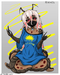 Rule 34 | absurdres, alien, black sclera, blonde hair, blue shirt, blush, breasts, bug, claws, colored sclera, cpt.tester works, grey sclera, highres, jewelry, mask, monster girl, oversized clothes, oversized shirt, peaches (cpt.tester), red eyes, shell, shirt, small breasts, tattoo, white hair