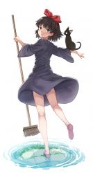 Rule 34 | 1980s (style), 1girl, bad id, bad pixiv id, bare legs, black cat, black hair, blue eyes, blush, bow, broom, cat, commentary request, dress, from behind, hair bow, hair ribbon, hairband, highres, isshi pyuma, jiji (majo no takkyuubin), kiki (majo no takkyuubin), kneepits, looking back, majo no takkyuubin, oldschool, retro artstyle, ribbon, short hair, solo, studio ghibli, witch