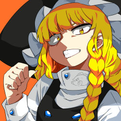 Rule 34 | 1girl, black hat, black vest, blonde hair, braid, buttons, clenched hand, clenched teeth, commentary request, fingernails, hat, highres, kirisame marisa, kurodani yamame, long hair, long sleeves, looking at viewer, orange background, rinyamame, shirt, simple background, single braid, slit pupils, solo, teeth, touhou, turtleneck, upper body, vest, white shirt, witch hat, yellow eyes