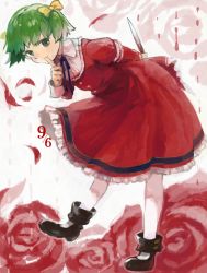 Rule 34 | 1girl, arm behind back, black footwear, blood, bloody knife, bow, buttons, closed mouth, collared dress, colored eyelashes, dress, elona, facing away, finger to mouth, flat chest, flower, frilled dress, frills, full body, green eyes, green hair, hair bow, herayoshi, holding, holding knife, index finger raised, juliet sleeves, knife, leg up, long sleeves, looking away, looking to the side, mary janes, pantyhose, petals, puffy long sleeves, puffy sleeves, purple ribbon, red dress, red flower, red rose, ribbon, rose, shoes, short hair, short twintails, single vertical stripe, smile, solo, standing, standing on one leg, tareme, twintails, white background, white pantyhose, yellow bow, younger sister (elona)