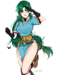 Rule 34 | 1girl, :d, absurdres, alternate hairstyle, arm up, asymmetrical bangs, belt, black gloves, blue dress, blush, boots, braid, breasts, brown footwear, cosplay, crown braid, dress, earrings, elbow gloves, fire emblem, fire emblem: the blazing blade, fire emblem heroes, gloves, green eyes, green hair, groin, high ponytail, highres, jewelry, knee boots, large breasts, leg up, long hair, looking at viewer, low-tied long hair, lyn (fire emblem), medium breasts, nintendo, open mouth, ormille, pelvic curtain, ponytail, round teeth, salute, sash, sharena (fire emblem), sharena (fire emblem) (cosplay), short sleeves, simple background, smile, solo, standing, standing on one leg, teeth, thighs, twitter username, very long hair, white background