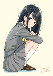 Rule 34 | 1girl, :d, black eyes, black hair, blush, brown footwear, dated, fingernails, from side, full body, grey shirt, grey skirt, highres, kneehighs, light blush, loafers, long hair, long sleeves, looking at viewer, looking to the side, medium skirt, open mouth, original, pleated skirt, ribbon, sako (35s 00), school uniform, shirt, shoes, signature, simple background, skirt, smile, socks, solo, white socks, yellow background, yellow neckwear, yellow ribbon