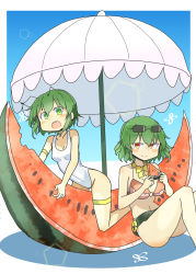 Rule 34 | 2girls, absurdres, alternate costume, antennae, blue sky, bow, bowtie, breasts, cleavage, closed mouth, eyewear on head, fangs, food, fruit, full body, gradient sky, green eyes, green hair, groin, highres, holding, holding food, kazami yuuka, large breasts, matsu kitsune, multiple girls, navel, one-piece swimsuit, open mouth, outdoors, red eyes, short hair, sitting, sky, small breasts, smile, sunglasses, swimsuit, thigh strap, touhou, umbrella, watermelon, watermelon slice, white umbrella, wriggle nightbug, yellow bow, yellow bowtie