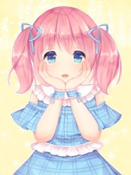Rule 34 | 1girl, :d, blue bow, blue dress, blue eyes, blue ribbon, blush, bow, caramel (caramelmilk), commentary request, dress, frills, hair between eyes, hair ribbon, hands on own face, hands up, looking at viewer, open mouth, original, pink hair, plaid, plaid dress, ribbon, smile, solo, twintails, wrist cuffs