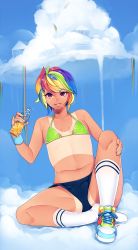 Rule 34 | 1girl, bikini, bottle, cloud, flat chest, highres, lip piercing, loyproject, md5 mismatch, multicolored hair, my little pony, my little pony: friendship is magic, navel, personification, piercing, pink eyes, pinky out, rainbow dash, rainbow hair, shoes, short hair, short shorts, shorts, single shoe, sitting, smile, sneakers, socks, solo, swimsuit, tan, tanline, tomboy, wristband