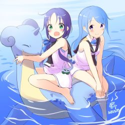 Rule 34 | 2girls, :o, bare arms, bare legs, blue eyes, blue hair, blush, commentary, creatures (company), crossover, dated, floating, game freak, gen 1 pokemon, green eyes, hair ribbon, highres, horns, kantai collection, lapras, long hair, looking at viewer, minidraco, multiple girls, multiple riders, neckerchief, nintendo, pokemon, pokemon (creature), ribbon, riding, riding pokemon, sailor collar, samidare (kancolle), single horn, smile, suzukaze (kancolle), water