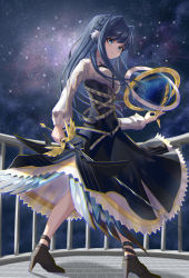 Rule 34 | 1girl, animal ears, arknights, armillary sphere, astesia (arknights), bird ears, bird tail, black dress, blue eyes, blue hair, braid, breasts, bright pupils, celestial globe, commentary request, diamond-shaped pupils, diamond (shape), dress, hair intakes, high heels, highres, holding, holding sword, holding weapon, infection monitor (arknights), long hair, long sleeves, looking at viewer, looking back, material growth, medium breasts, oripathy lesion (arknights), shironekoban, sky, smile, solo, standing, star (sky), starry sky, sword, symbol-shaped pupils, tail, weapon