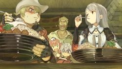 Rule 34 | 10s, 2girls, 3boys, atelier (series), atelier escha &amp; logy, black gloves, blonde hair, blush, bowl, braid, brown eyes, crown braid, duke beriel, eating, escha malier, closed eyes, facial hair, fingerless gloves, food, frown, game cg, gloves, goatee, green eyes, grey hair, hair over one eye, hat, hidari (left side), holding, holding spoon, indoors, laughing, linca (atelier), logix ficsario, long hair, looking at another, mouthful, multiple boys, multiple girls, official art, open mouth, pink hair, reyfer luckberry, shaded face, short hair, spoon, sweat, white hair