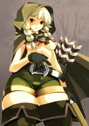Rule 34 | 1girl, arrow (projectile), belt, blush, boots, bow (weapon), braid, breasts, cloak, dragon&#039;s crown, elf, elf (dragon&#039;s crown), gloves, highres, hood, hooded cloak, medium breasts, muramasa mikado, pointy ears, shorts, solo, thick thighs, thigh boots, thighhighs, thighs, twin braids, underboob, vanillaware, weapon
