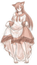 Rule 34 | 1girl, animal ears, barefoot, blush, brooch, clothes lift, dress, dress lift, feet, full body, highres, imaizumi kagerou, jewelry, kuro suto sukii, long hair, long sleeves, looking at viewer, monochrome, simple background, sketch, solo, standing, toes, touhou, white background, wolf ears