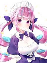Rule 34 | 1girl, :o, absurdres, ahoge, blue bow, blue dress, blue hair, blue ribbon, blush, bow, braid, breasts, cleavage, collared dress, colored inner hair, commentary request, dress, frilled shirt collar, frills, hair ribbon, highres, hololive, long hair, looking at viewer, maid headdress, medium breasts, minato aqua, minato aqua (1st costume), moka 01, multicolored hair, parted lips, pink hair, puffy short sleeves, puffy sleeves, purple eyes, ribbon, short sleeves, sidelocks, simple background, solo, twintails, two-tone hair, upper body, very long hair, virtual youtuber, white background, white bow