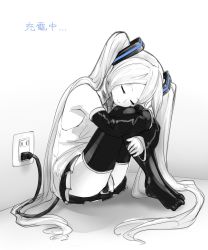 Rule 34 | 1girl, android, bare shoulders, black skirt, black thighhighs, cable, closed eyes, commentary, corner, detached sleeves, electric plug, electrical outlet, greyscale, hair ornament, hatsune miku, head rest, highres, hugging own legs, indoors, knees to chest, long hair, monochrome, otyakana, room, shirt, sitting, skirt, sleeping, sleeveless, sleeveless shirt, smile, spot color, symbol-only commentary, thighhighs, twintails, very long hair, vocaloid