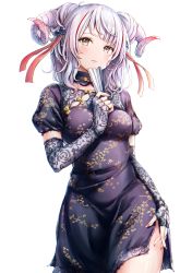 Rule 34 | 1girl, black dress, breasts, brown eyes, closed mouth, commentary, curled horns, dress, elbow gloves, english commentary, fingerless gloves, fingernails, floral print, gloves, grey gloves, hair ribbon, hand fan, highres, holding, holding fan, horns, looking at viewer, medium breasts, multicolored hair, nail polish, original, red hair, red nails, red ribbon, ribbon, short hair, simple background, solo, streaked hair, thighs, tokeshi, white background, white hair