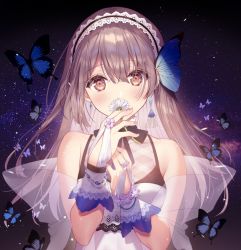 Rule 34 | 1girl, bare shoulders, blush, breasts, brown eyes, brown hair, bug, butterfly, dress, earrings, eyes visible through hair, flower, gloves, hair between eyes, hairband, insect, jewelry, long hair, looking at viewer, medium breasts, necomi, original, sleeveless, solo, upper body