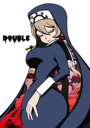 Rule 34 | 1girl, blonde hair, breasts, character name, closed eyes, cross, cross necklace, crown, curvy, double (skullgirls), gyoon, habit, hip focus, jewelry, large breasts, mutant, necklace, nun, simple background, skullgirls, smirk, veins, white background, wide hips