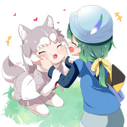Rule 34 | +++, 2girls, :d, ^ ^, animal ears, bag, blue headwear, blue shirt, blue shorts, blush, bow, cheek squash, closed eyes, commentary request, dog (mixed breed) (kemono friends), dog ears, dog girl, dog tail, elbow gloves, fur-trimmed sleeves, fur trim, gloves, green hair, grey hair, grey skirt, hair bow, heart, helmet, highres, kemono friends, layered sleeves, long hair, long sleeves, makuran, multicolored hair, multiple girls, no shoes, open mouth, pantyhose, pleated skirt, seiza, shirt, short over long sleeves, short shorts, short sleeves, shorts, shoulder bag, sitting, skirt, smile, tail, tail wagging, tomoe (kemono friends) (niconico88059799), two-tone hair, white gloves, white hair, white legwear, white shirt, yellow bow