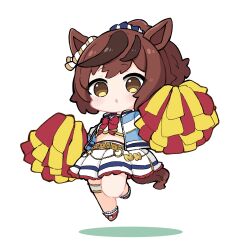 Rule 34 | 1girl, :o, animal ears, belt, belt buckle, blue jacket, bow, brown belt, brown eyes, brown hair, buckle, cheerleader, chibi, colored shadow, commentary request, crop top, full body, high ponytail, highres, holding, horse ears, horse girl, horse tail, jacket, multicolored hair, nice nature (run&amp;win) (umamusume), nozo (hitomiz), open clothes, open jacket, parted lips, pleated skirt, pom pom (cheerleading), ponytail, red bow, red footwear, shadow, shirt, shoes, simple background, skirt, socks, solo, streaked hair, tail, umamusume, white background, white shirt, white skirt, white socks
