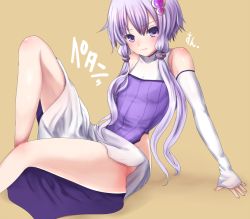 Rule 34 | 1girl, arm support, bare shoulders, brown background, detached sleeves, flat chest, hair ornament, kakan (amka), long hair, looking at viewer, purple eyes, purple hair, short hair with long locks, sitting, tears, thighs, twintails, vocaloid, voiceroid, yuzuki yukari