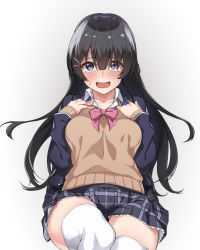 Rule 34 | black hair, blue eyes, blue jacket, blush, braid, breasts, brown sweater, collared shirt, commentary request, embarrassed, grey background, hair ornament, hairclip, hands on own chest, highres, jacket, large breasts, long hair, long sleeves, looking at viewer, necktie, nijisanji, open mouth, pink necktie, plaid, plaid skirt, school uniform, shirt, simple background, skirt, solo, spicy moo, sweater, tearing up, thighhighs, tsukino mito, tsukino mito (1st costume), very long hair, virtual youtuber, white shirt, white thighhighs, zettai ryouiki