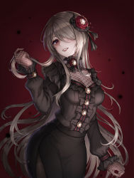 Rule 34 | 1girl, alternate costume, black dress, brown hair, dress, fishnets, flower, frilled dress, frills, goth fashion, grin, hair flower, hair ornament, highres, honkai (series), honkai impact 3rd, jin (hhh15634), lipstick, long hair, long sleeves, looking at viewer, makeup, open mouth, red background, red eyes, red flower, rita rossweisse, smile, solo, teeth