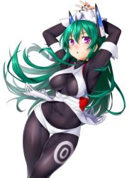Rule 34 | 1girl, armpits, arms up, blush, bodysuit, breasts, covered navel, fingerless gloves, gloves, green hair, headgear, large breasts, long hair, looking at viewer, menou kaname (taishi), onsoku inu, original, purple eyes, robot ears, simple background, solo