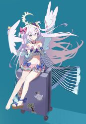 Rule 34 | 1girl, absurdres, angel wings, azusa (blue archive), azusa (swimsuit) (blue archive), bare arms, bare legs, bare shoulders, bikini, blue archive, blush, closed mouth, e li (77864296), feathered wings, frilled bikini, frills, full body, hair between eyes, halo, highres, long hair, navel, official alternate costume, peroro (blue archive), purple bikini, purple hair, solo, swimsuit, white hair, white wings, wings, yellow halo