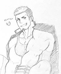 Rule 34 | 1boy, absurdres, bara, blush, facial hair, feet out of frame, fle0423, goatee, greyscale, highres, ikusaba daisuke, jacket, jacket on shoulders, looking at viewer, male focus, monochrome, multicolored hair, muscular, muscular male, pectoral cleavage, pectorals, raised eyebrow, short hair, sideburns, sidepec, sitting, sketch, solo, taurus mask, tokyo houkago summoners, traditional media, two-tone hair, wrestling outfit