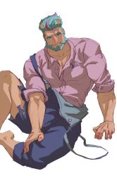 Rule 34 | 1boy, arm hair, bara, blue eyes, blue hair, chest hair peek, demon horns, feet out of frame, furrowed brow, highres, horns, james p. sullivan, large pectorals, linrz aran, looking at viewer, male focus, mature male, monsters university, muscular, muscular male, overalls, pants, partially unbuttoned, pectoral cleavage, pectorals, personification, purple hair, purple shirt, sanpaku, shirt, short hair, sitting, solo, spread legs, thick eyebrows, torn clothes, torn pants, tusks