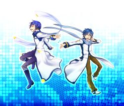 Rule 34 | 2boys, bad id, bad pixiv id, blue eyes, blue hair, blue scarf, boots, clear logic, coat, dual persona, highres, kaito (vocaloid), kaito (vocaloid3), looking at viewer, male focus, multiple boys, musical note, open mouth, scarf, smile, vocaloid