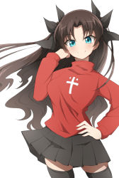 Rule 34 | 1girl, black hair, black ribbon, black skirt, black thighhighs, blue eyes, breasts, closed mouth, cowboy shot, cross, fate/stay night, fate (series), hair intakes, hair ribbon, hand on own hip, highres, long hair, long sleeves, looking at viewer, medium breasts, miniskirt, nel-c, pleated skirt, red shirt, ribbon, shirt, simple background, skirt, smile, solo, thighhighs, tohsaka rin, two side up, white background, zettai ryouiki