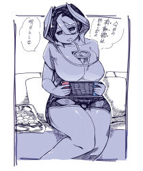 Rule 34 | 1girl, absurdres, bare legs, breasts, cup, disposable cup, drinking straw, highres, large breasts, made in abyss, medium hair, mikiji, multicolored hair, nintendo switch, ozen, pillow, playing games, shorts, sitting, solo, speech bubble, thighs, two-tone hair