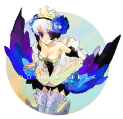Rule 34 | 1girl, armor, armored dress, blue eyes, copyright name, crown, dress, flower, gwendolyn (odin sphere), kiguchi (aprico), multicolored wings, odin sphere, pteruges, purple eyes, solo, strapless, strapless dress, white hair, wings