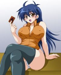 Rule 34 | 1girl, age progression, arm support, ass, blue hair, blush, breast expansion, breasts, brown eyes, card, covered erect nipples, crossed legs, holding, holding card, large breasts, panties, saotome rei, sitting, solo, thighhighs, underwear, upper body, white panties, yu-gi-oh!, yu-gi-oh! duel monsters gx, yu-gi-oh! gx, yu-gi-oh (card)