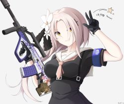 Rule 34 | 1girl, alternate costume, arm up, armband, assault rifle, aug (girls&#039; frontline), belt, black dress, black gloves, breasts, bullpup, collarbone, commentary, counter-strike (series), counter-strike 2, dress, english commentary, flower, girls&#039; frontline, gloves, grey background, gun, hair flower, hair ornament, hair ribbon, highres, holding, holding gun, holding weapon, keenh, long hair, looking at viewer, medium breasts, necktie, parted bangs, ribbon, rifle, short sleeves, silver hair, simple background, solo, star (symbol), steyr aug, suppressor, upper body, v, weapon, yellow eyes