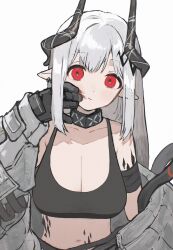 Rule 34 | 1girl, arknights, black gloves, black sports bra, blood, blood on face, breasts, cleavage, commentary, demon girl, gloves, grey hair, grey jumpsuit, hair ornament, head tilt, highres, infection monitor (arknights), jumpsuit, large breasts, light, long hair, looking at viewer, material growth, matsuoka (mtok 0), mudrock (arknights), mudrock (elite ii) (arknights), open jumpsuit, oripathy lesion (arknights), pointy ears, red eyes, simple background, solo, sports bra, upper body, white background, wiping blood, wiping mouth