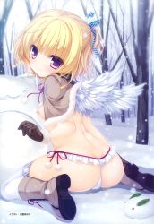 Rule 34 | 1girl, 3:, absurdres, angel wings, artist name, ass, blonde hair, boots, breasts, frilled panties, frills, from behind, gloves, hair ribbon, highres, huge nipples, looking at viewer, mikagami mamizu, nipples, no bra, official art, outdoors, panties, parfil, purple eyes, ribbon, short hair, sitting, small breasts, snow, snowing, solo, striped ribbon, thighhighs, underwear, wariza, white thighhighs, wings, world election