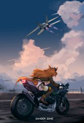 Rule 34 | 1girl, absurdres, aircraft, airplane, animal ears, artist name, ass, black ribbon, black thighhighs, blue sky, boots, bow, brown footwear, brown jacket, cloud, cloudy sky, commentary, day, ear ribbon, english commentary, english text, fighter jet, gar32, highres, horse ears, horse girl, horse tail, jacket, jet, long hair, mayano top gun (umamusume), military, military vehicle, motor vehicle, motorcycle, name connection, open clothes, open jacket, orange hair, outdoors, ribbon, short shorts, shorts, sky, solo, tail, thighhighs, thighhighs under boots, two side up, umamusume, vehicle focus, very long hair, white shorts