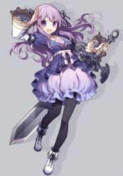 Rule 34 | 1girl, arm up, black pantyhose, black ribbon, collarbone, dress, floating hair, full body, grey background, hair ribbon, hijiri (resetter), holding, holding sword, holding weapon, huge weapon, juliet sleeves, long hair, long sleeves, looking at viewer, open mouth, original, pantyhose, puffy sleeves, purple dress, purple eyes, purple hair, ribbon, shadow, shoes, simple background, smile, solo, sword, waving, weapon, white footwear, white ribbon, wide sleeves