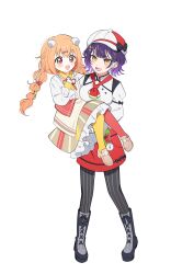 2girls absurdres braid hair_ornament highres kirara_tamako long_hair looking_at_viewer multiple_girls mykisnk nanase_suzuna nijisanji open_mouth orange_hair pantyhose purple_hair red_ribbon ribbon shirt short_hair smile twin_braids virtual_youtuber white_shirt